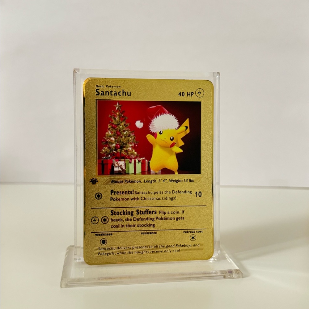 Pokemon Christmas Pikachu METAL GOLD CARD - Gift / Present / Fan Art - New Year